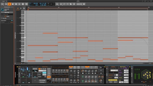 Screenshot of Bitwig, showing the piano roll and the PolySynth preset