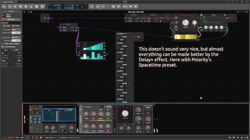 Screenshot of a Bitwig grid patch with a text overlay starting with "This doesn't sound very nice"