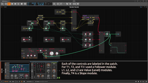 Screenshow of Bitwig showing a grid patch with a text overlay